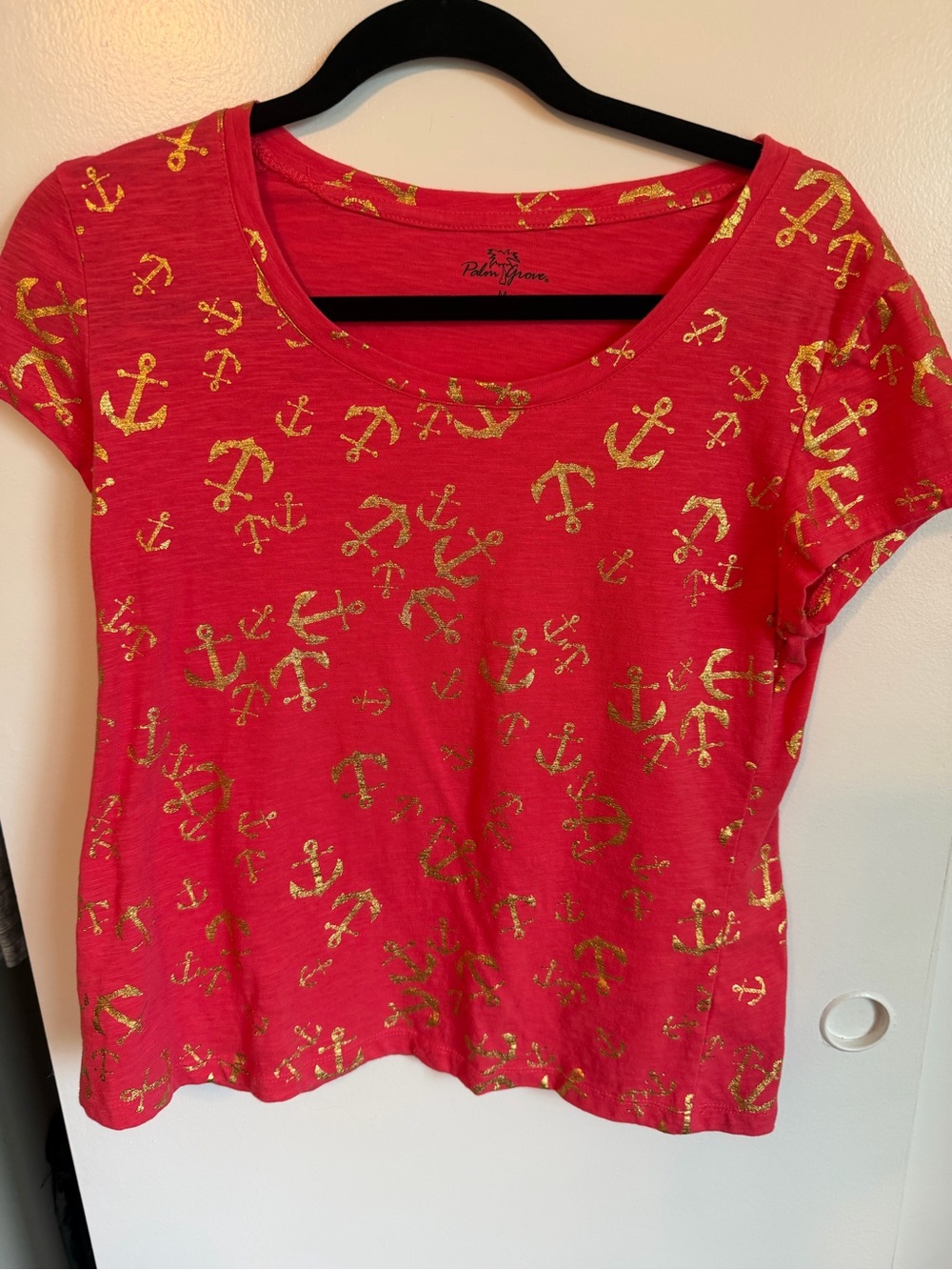 Women's CoralShort Sleeve Top with Gold Anchor Print
